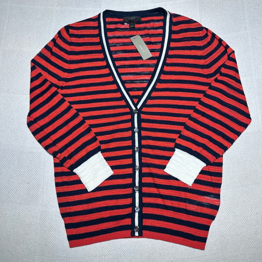 NEW J.Crew Cardigan Sweater Womens Small Striped Gauze Knit V-Neck Orange Navy